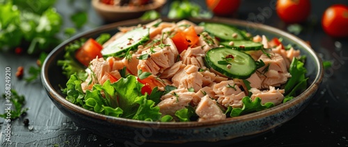 Top View of Fresh Tuna Salad with Cucumber, Tomato, and Lettuce