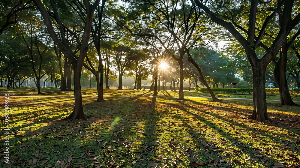 Naklejka premium Focus on sunlight creating patterns on the ground as it filters through dense tree branches.