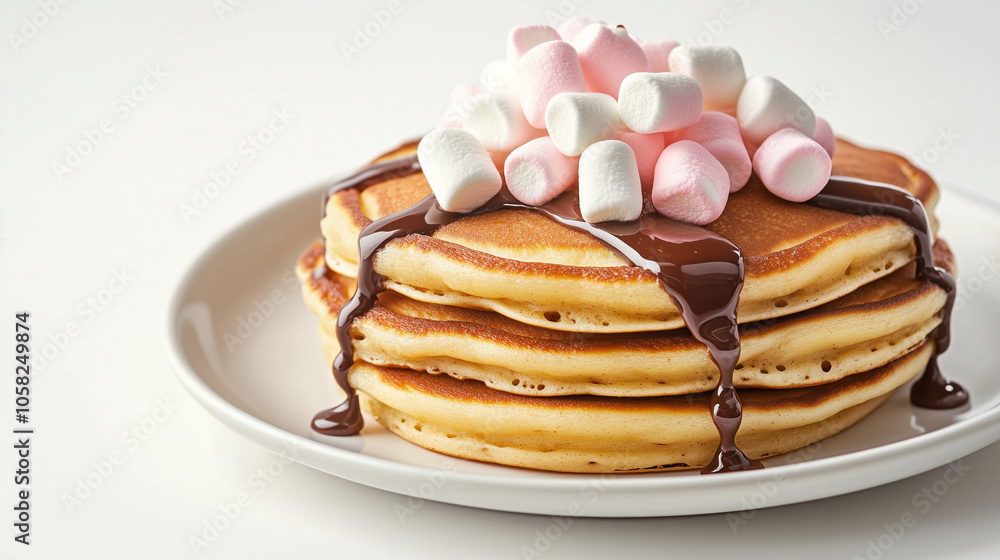 a stack of delicious golden pancakes on a plain white surface with pink and white mini marshmallows and a drizzle of chocolate sauce a stack of delicious golden pancakes on a plain white surface with pink and white mini marshmallows and a drizzle of chocolate sauce