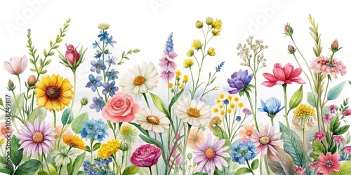 A collection of watercolor wildflowers in a beautiful arrangement, colorful flowers, garden blooms, fresh cut flowers