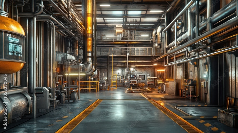 An industrial interior with machinery, pipes, and walkways. An industrial interior with machinery, pipes, and walkways.