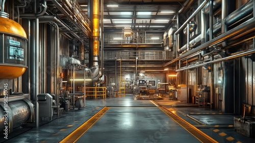 An industrial interior with machinery, pipes, and walkways.