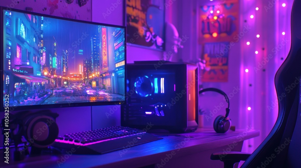 A gamer's dream setup with a custom PC, neon lights, and a comfortable chair. A gamer's dream setup with a custom PC, neon lights, and a comfortable chair.