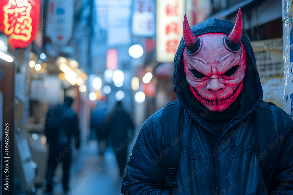 Photo - Red Devil Mask in Japanese Alleyway Photo - Red Devil Mask in Japanese Alleyway