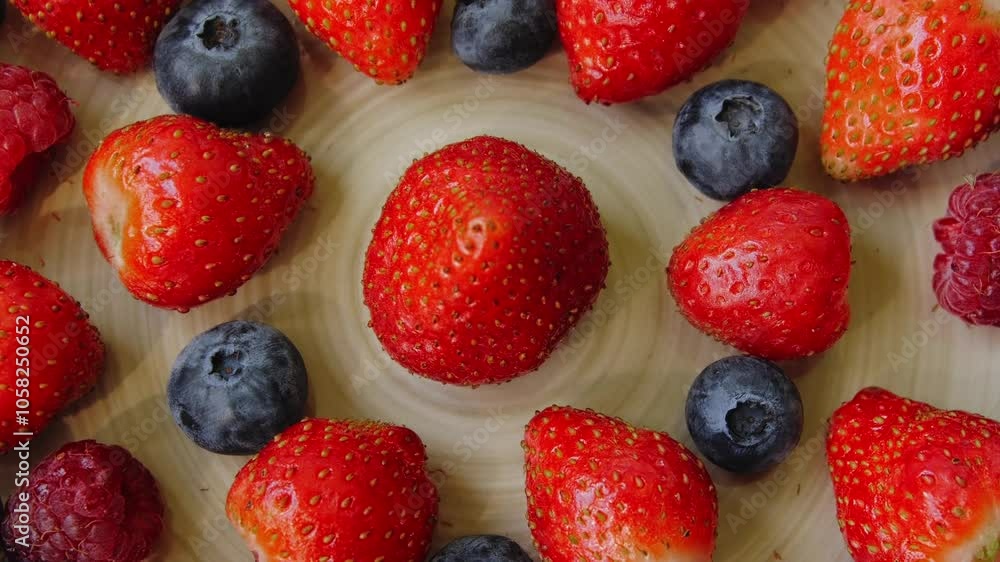 Fresh ripe bright strawberries blueberries in a plate rotating in a circle. Medium shot. Fresh ripe bright strawberries blueberries in a plate rotating in a circle. Medium shot.