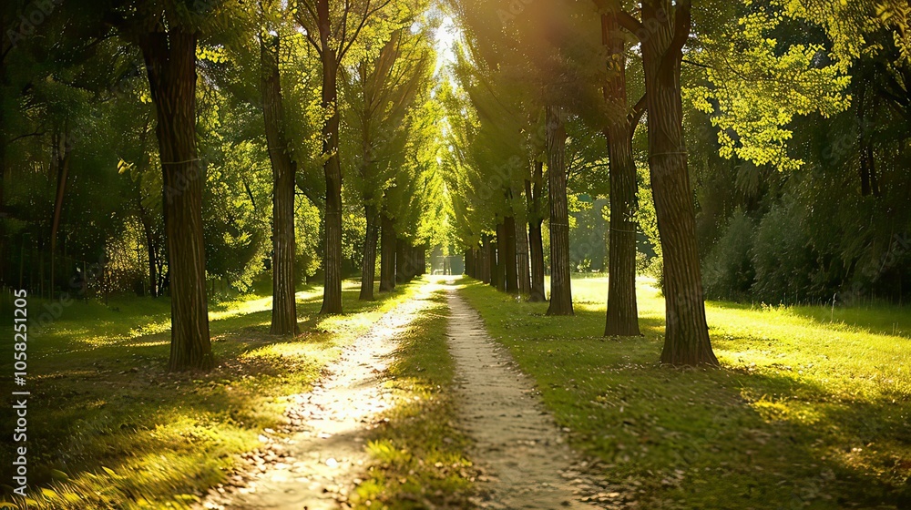 Naklejka premium A serene park pathway lined with trees, where sunlight dapples the ground and creates a peaceful atmosphere.