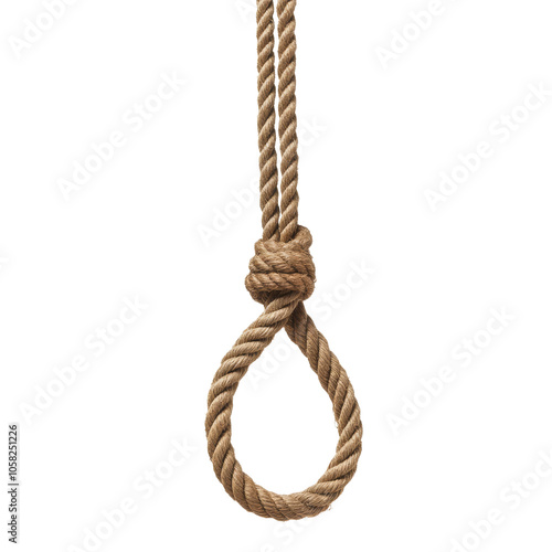 A simple rope with a noose hangs from above, symbolizing restraint or the idea of tension, against a transparent background