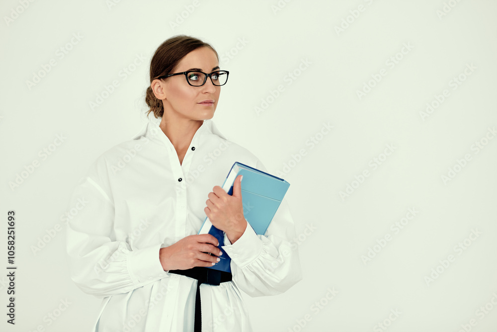 Confident Woman Holding a Book in Glasses Confident Woman Holding a Book in Glasses