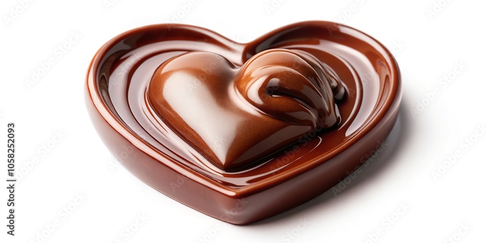 Chocolate heart with chocolate piece and sauce on white background in low angle view Chocolate heart with chocolate piece and sauce on white background in low angle view