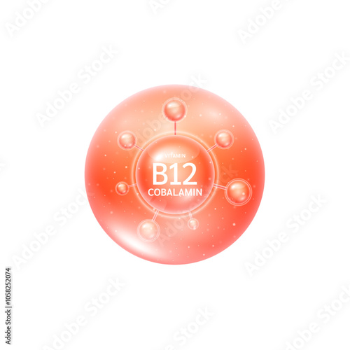 Vitamin B12 cobalamin molecule red. Collagen vitamins complex from nature. For beauty skin care cosmetic advertising. Medical scientific concepts. 3D Vector EPS10.