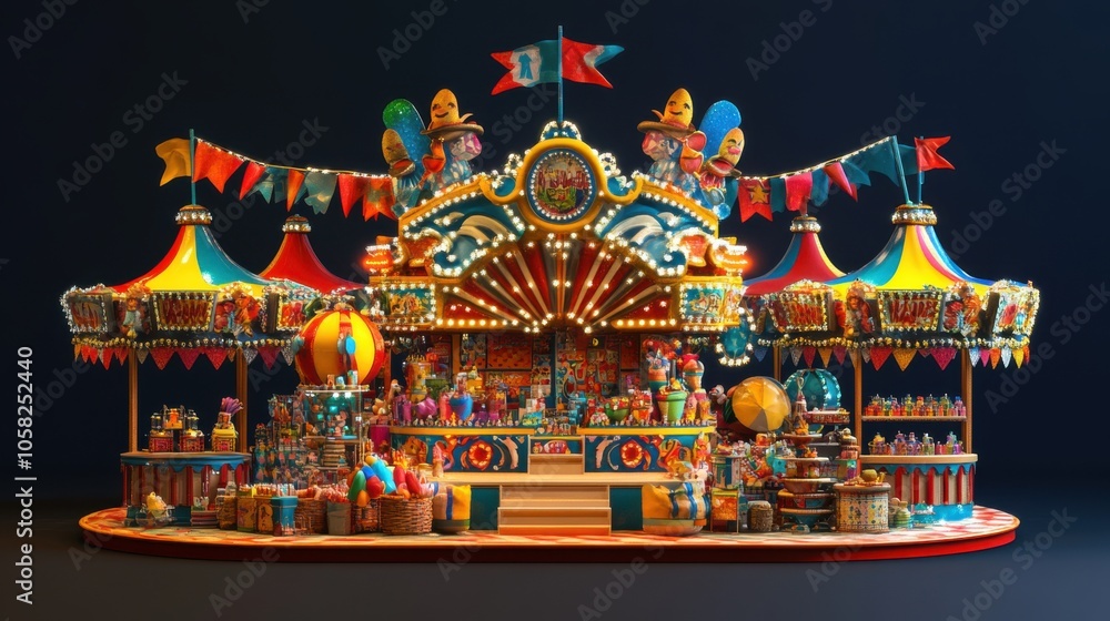3D effect of a carnival souvenir stand with an array of colorful trinkets, happy shoppers, 3D effect of a carnival souvenir stand with an array of colorful trinkets, happy shoppers,