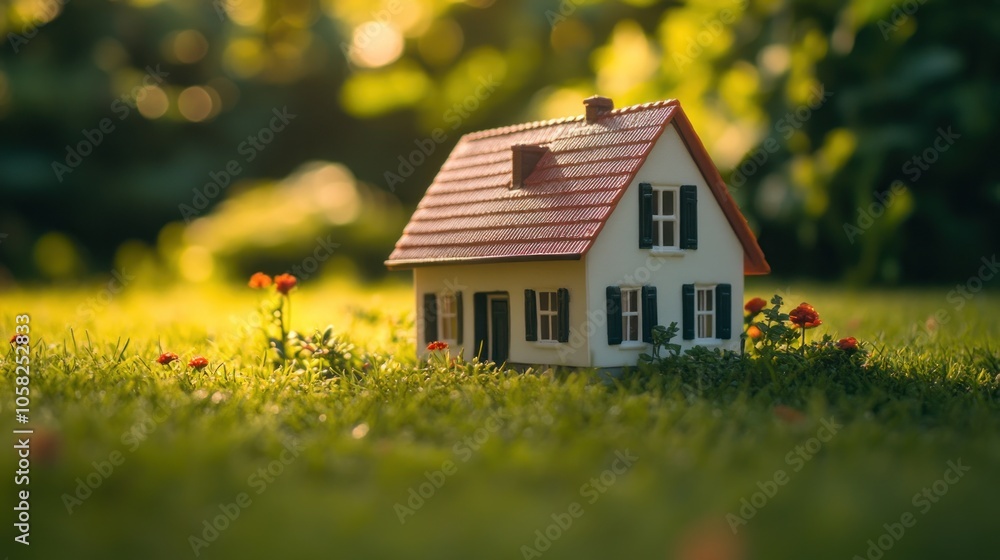 A miniature house on grass with soft lighting and flowers, evoking a serene atmosphere. A miniature house on grass with soft lighting and flowers, evoking a serene atmosphere.