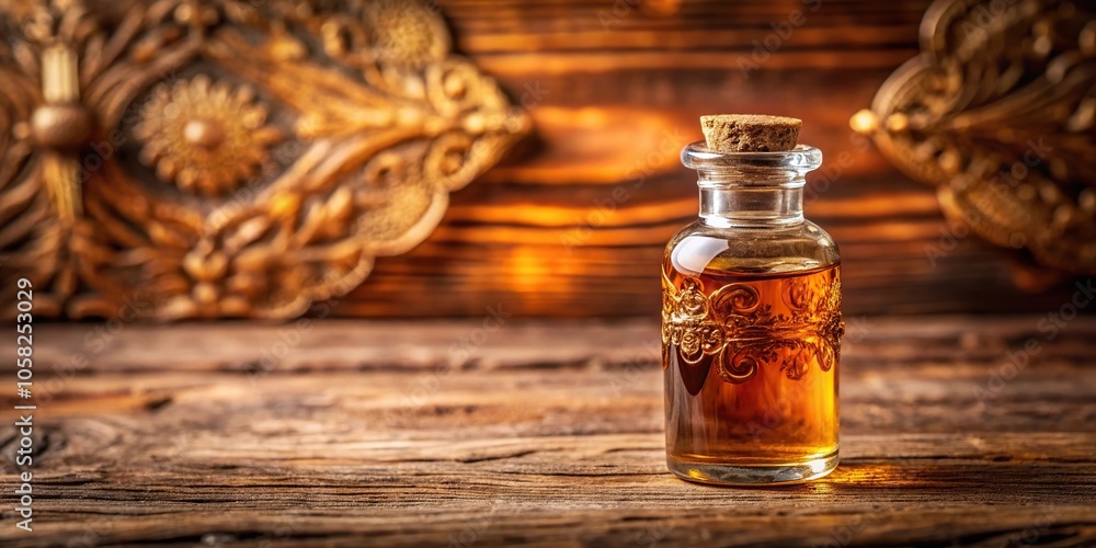 A delicate amber vial partially filled with the liquid on an ornate wooden background, ornate wood, old bottle, liquid filling, antique container, dusty surface A delicate amber vial partially filled with the liquid on an ornate wooden background, ornate wood, old bottle, liquid filling, antique container, dusty surface