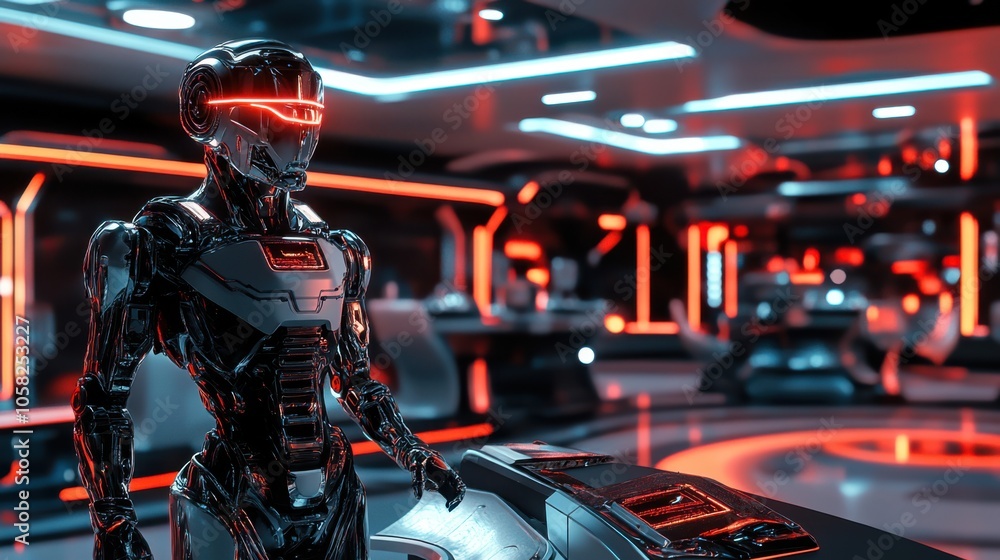 3D effect of a detailed robotic figure with metallic surfaces and neon lights, operating 3D effect of a detailed robotic figure with metallic surfaces and neon lights, operating