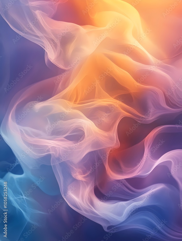 Obraz premium An ethereal abstract swirl of soft colors, blending shades of blue, orange, and cream, creating a dreamy and fluid atmosphere that evokes a sense of tranquility and motion.
