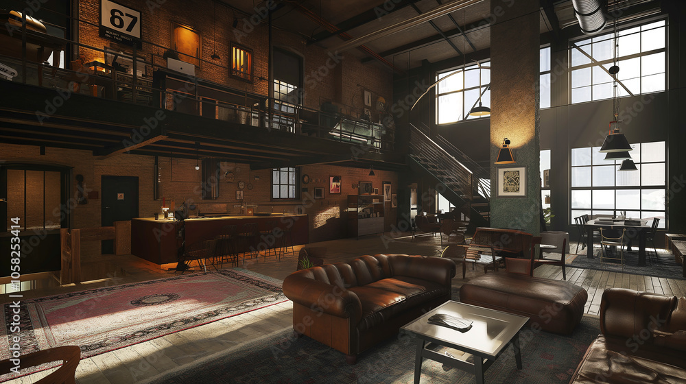 Contemporary loft with high ceilings, industrial lighting, leather seating, and an open-plan layout for a stylish urban vibe. interior design Contemporary loft with high ceilings, industrial lighting, leather seating, and an open-plan layout for a stylish urban vibe. interior design