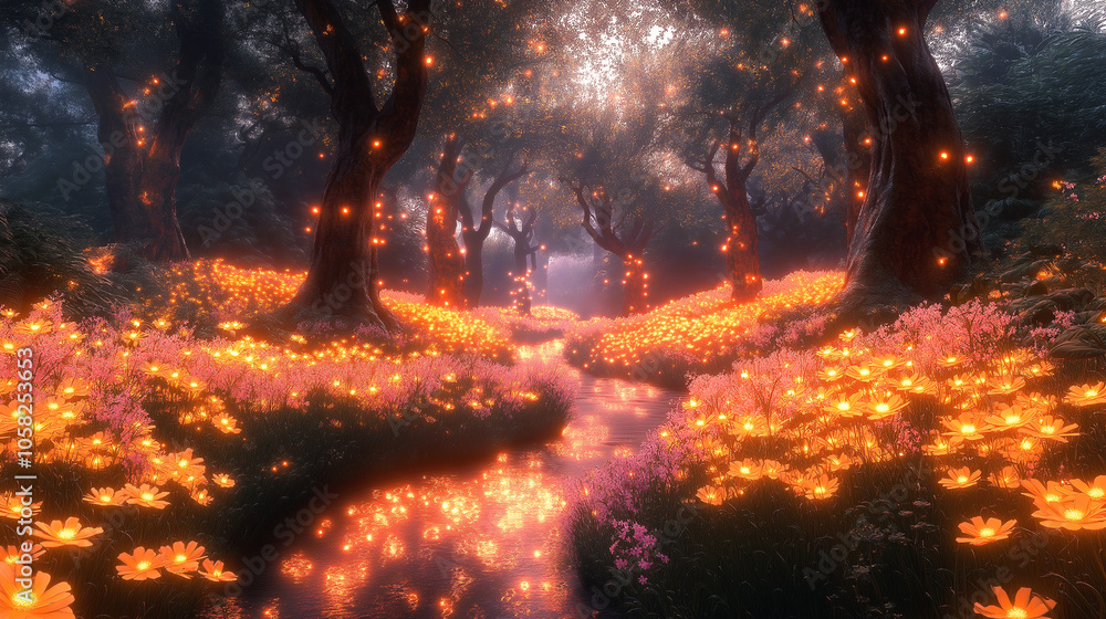 Mystical stream winding through a field of glowing wildflowers under a canopy of trees. Mystical stream winding through a field of glowing wildflowers under a canopy of trees.