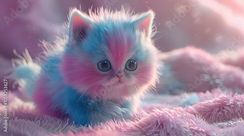 Kitten with soft pink and blue fur, big eyes, and cute pose.