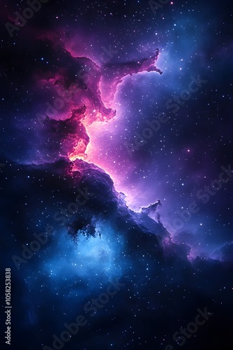 A stunning cosmic scene featuring vibrant purple and blue nebulae illuminated by shimmering stars, creating a mesmerizing atmosphere of deep space exploration.