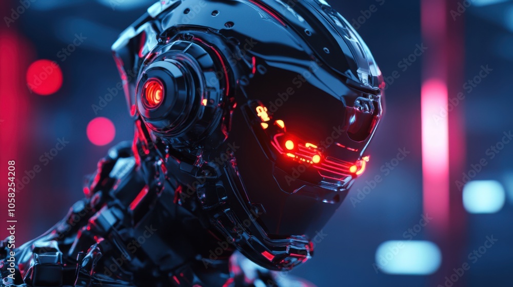 3D effect of a futuristic robot with detailed metallic surfaces and glowing lights, standing 3D effect of a futuristic robot with detailed metallic surfaces and glowing lights, standing