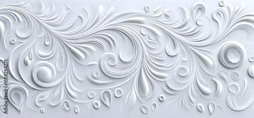 A textured white design featuring flowing patterns and circular elements, resembling floral motifs.