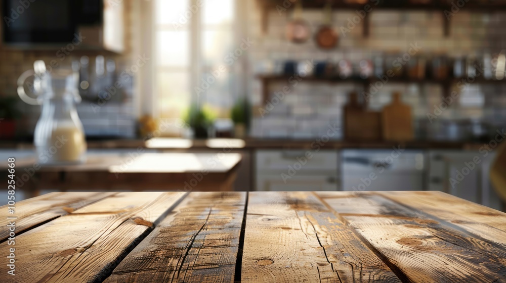 Wooden table surface with blurred kitchen backdrop. Wooden table surface with blurred kitchen backdrop.
