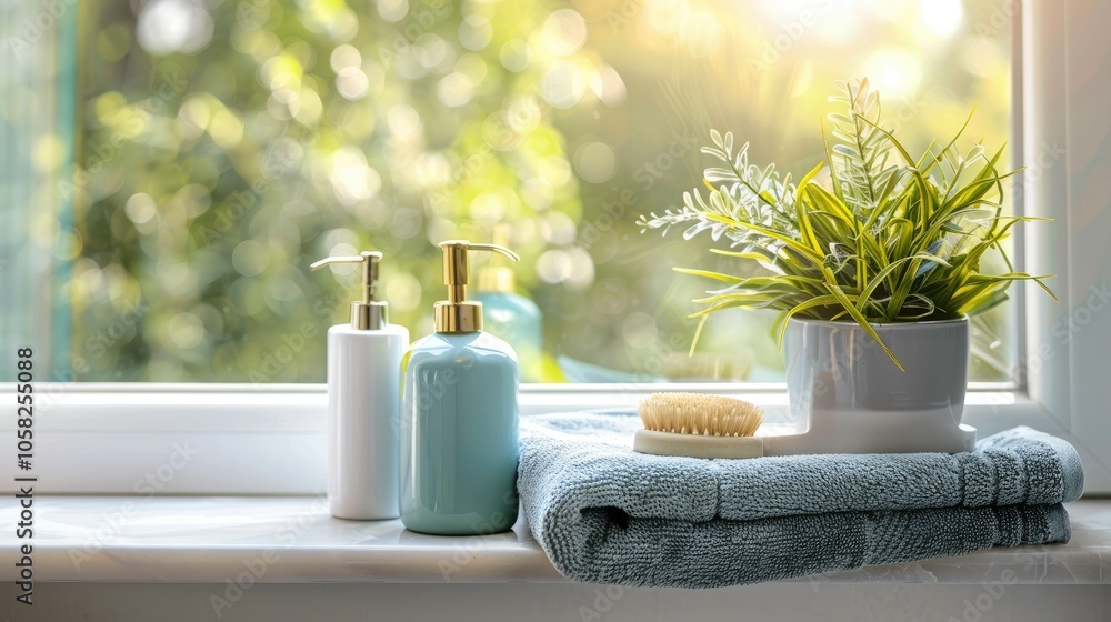 Towel, soap dispenser, and plant on window sill Towel, soap dispenser, and plant on window sill