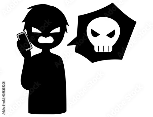 スマホで話す悪人とドクロマークの危険な話をするイメージの素材