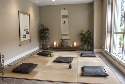 Modern Zen meditation room with tatami mats, low seating, minimal decor, and a soft neutral palette for a tranquil, mindful environment. photo