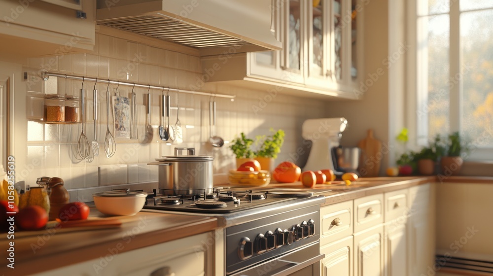 3D effect of a realistic kitchen with detailed appliances, utensils, and a lively cooking scene 3D effect of a realistic kitchen with detailed appliances, utensils, and a lively cooking scene