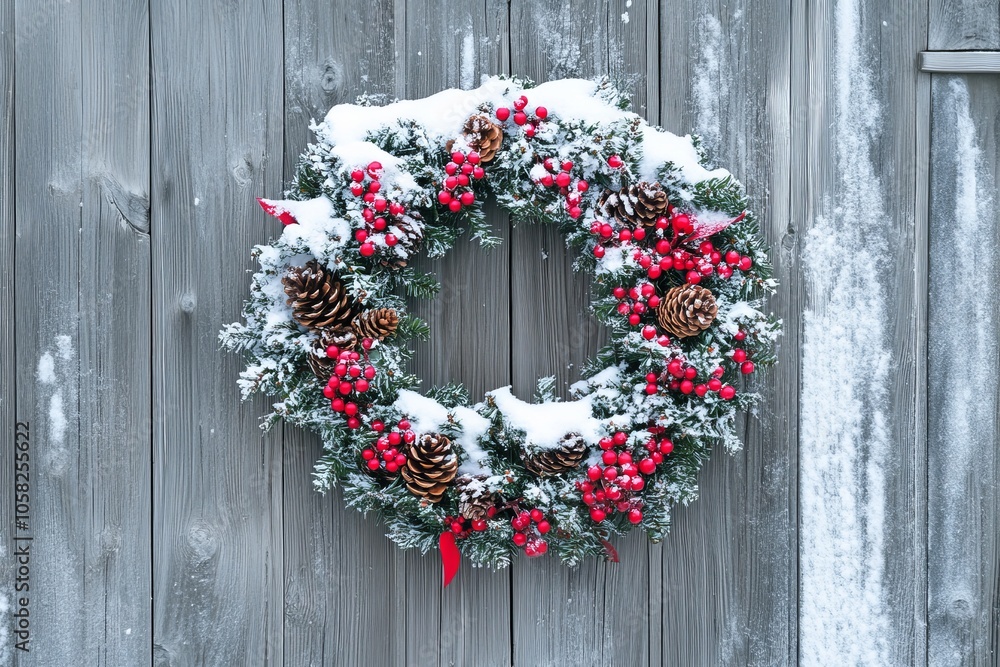 Christmas wreath on a wooden door with snow, berries, and pinecones. Christmas wreath on a wooden door with snow, berries, and pinecones.