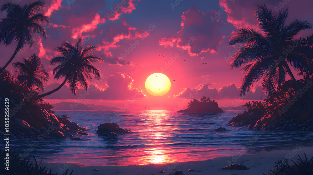 Tropical Beach at Sunset with Swaying Palm Tree Silhouettes and Golden Waves Reflecting Sunlight
Tropical Beach at Sunset with Swaying Palm Tree Silhouettes and Golden Waves Reflecting Sunlight
