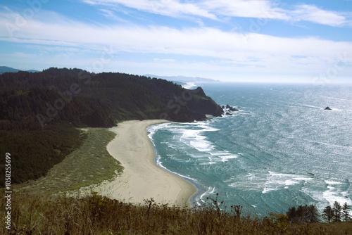 View of Pacific Coast beach, specifically between Cascade Head and God's Thumb, under a peaceful sunny day next to a calm ocean sparkling in the sunlight.