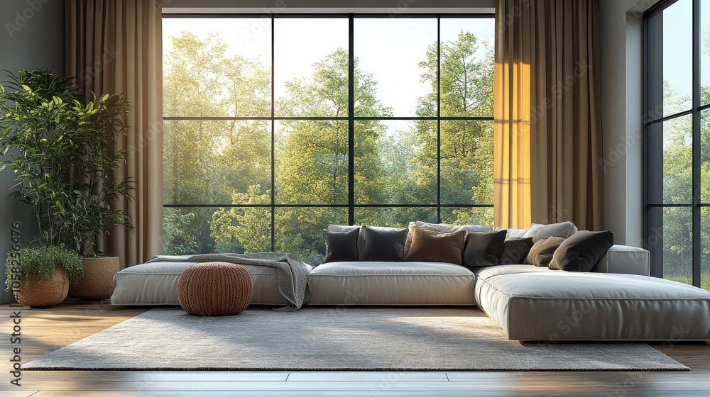Modern living room with large windows and lush greenery outside. Modern living room with large windows and lush greenery outside.