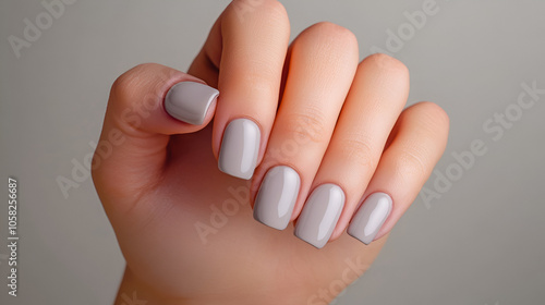 A hand with soft nail polish gently posed against a neutral grey background, representing elegance and subtle beauty, ideal for fashion, beauty, and skincare concepts.