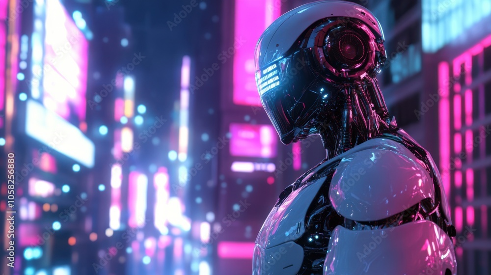 3D effect of a sophisticated robot with metallic exoskeleton and bright neon lights, exploring 3D effect of a sophisticated robot with metallic exoskeleton and bright neon lights, exploring