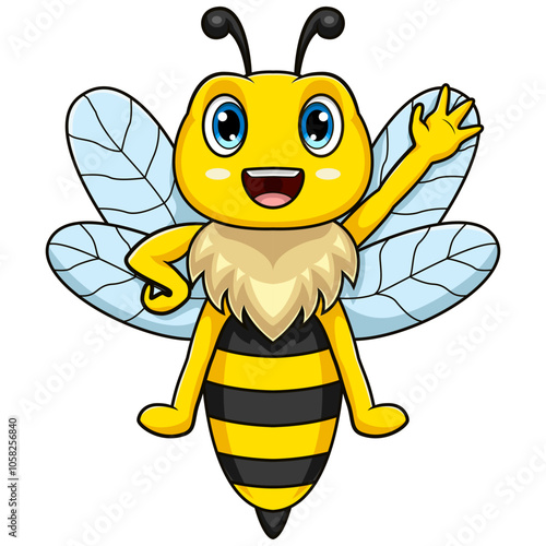 Cartoon bee waving hand on white background