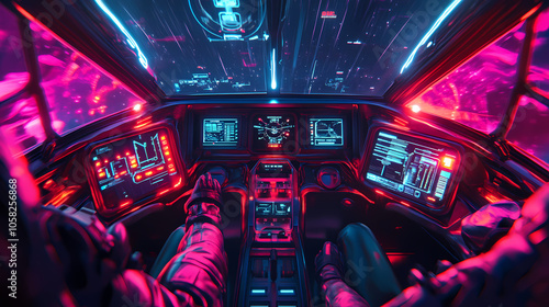 Alien fighter piloting organic-shaped spaceship with bioluminescent controls. Spaceship Cockpit. Illustration