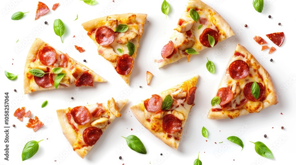 Floating Italian style pizza slices with pepperoni, chicken, melted cheese, and basil leaves on a white background. Floating Italian style pizza slices with pepperoni, chicken, melted cheese, and basil leaves on a white background.