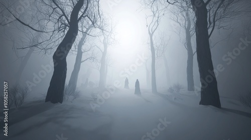 Enigmatic Night of Winter: 3D Render Illustration of Eerie Darkness and Suspense in Snow-Covered Landscape