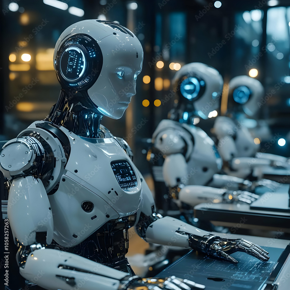 3D Illustration of Robot Workers Typing on Futuristic Keyboards 3D Illustration of Robot Workers Typing on Futuristic Keyboards