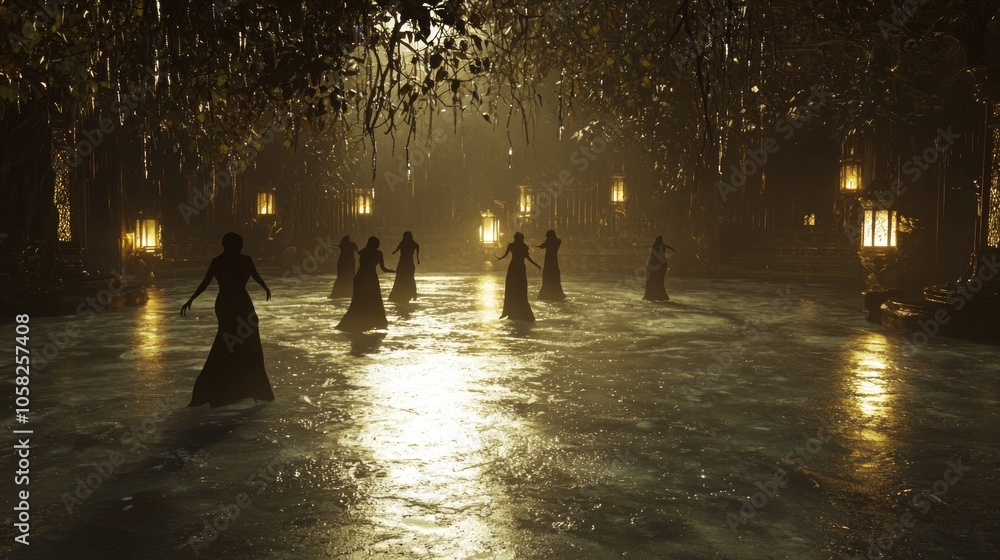 Enchanting Frozen Pond: Dark Fairytale 3D Render with Shadowy Figures Dancing in Lantern Light Enchanting Frozen Pond: Dark Fairytale 3D Render with Shadowy Figures Dancing in Lantern Light