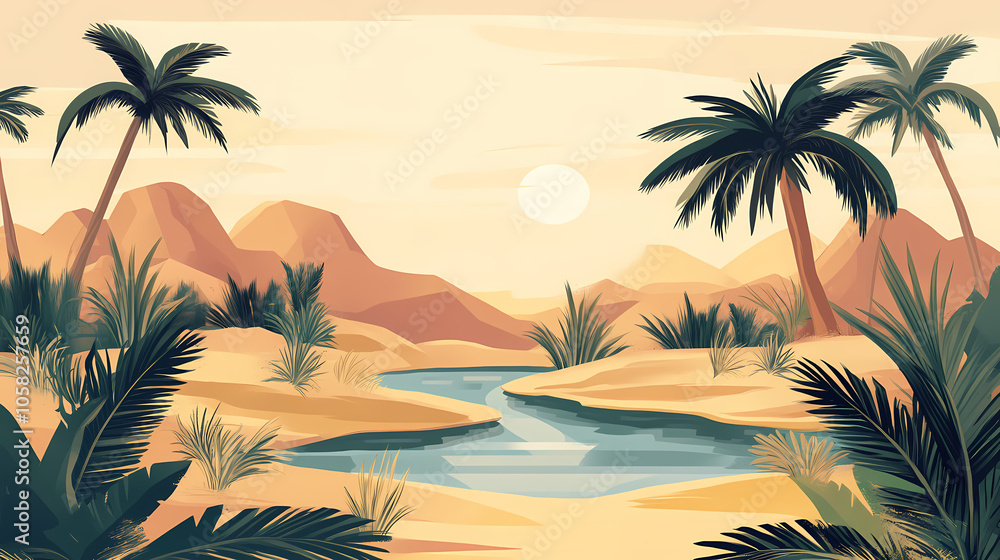 An illustration of landscape fantasy featuring a hidden oasis in the desert. Hidden Oasis. Illustration An illustration of landscape fantasy featuring a hidden oasis in the desert. Hidden Oasis. Illustration