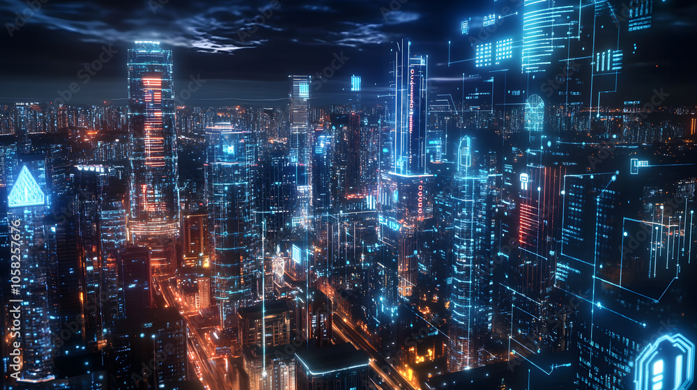 Futuristic city skyline illuminated by neon lights and digital data Futuristic city skyline illuminated by neon lights and digital data