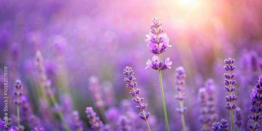 Fototapeta premium A delicate wildflower blooms in a field of soft purple lavender background, field, nature, wildflowers, landscape