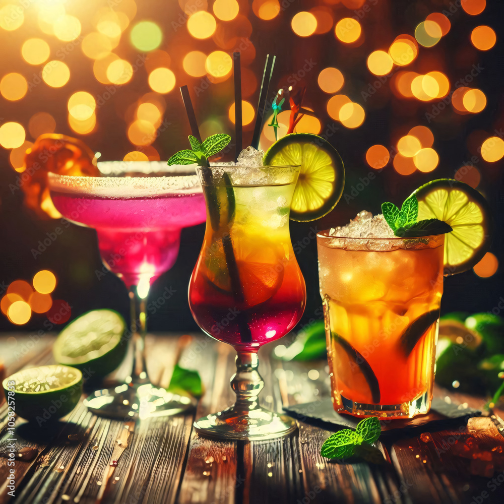 Three vibrant cocktails with garnishes on a wooden table, set against a bokeh background of warm and cool lights Three vibrant cocktails with garnishes on a wooden table, set against a bokeh background of warm and cool lights