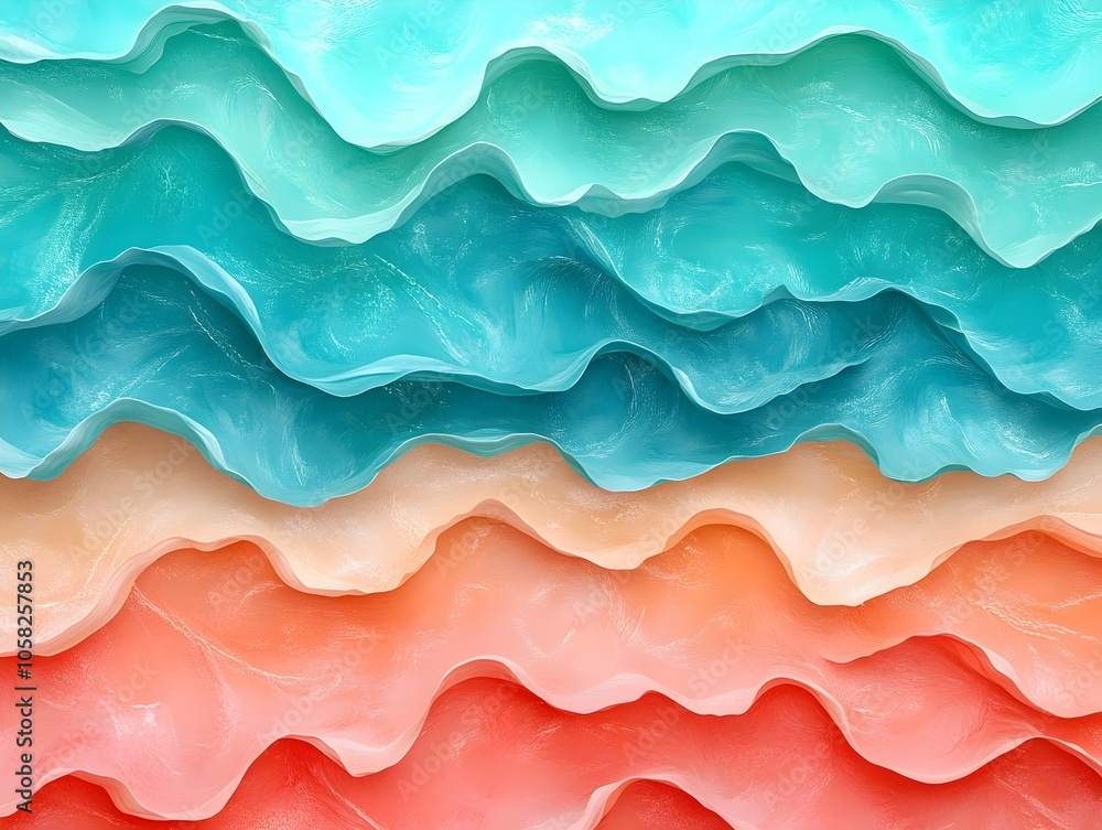 Obraz premium An abstract display of vibrant wave-like textures in shades of turquoise, aqua, peach, and coral, creating a sense of fluidity and serenity.