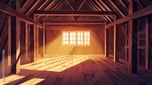 Ancient rustic interior of a timber-framed building illuminated by daylight. Ancient Relic Room. Illustration photo