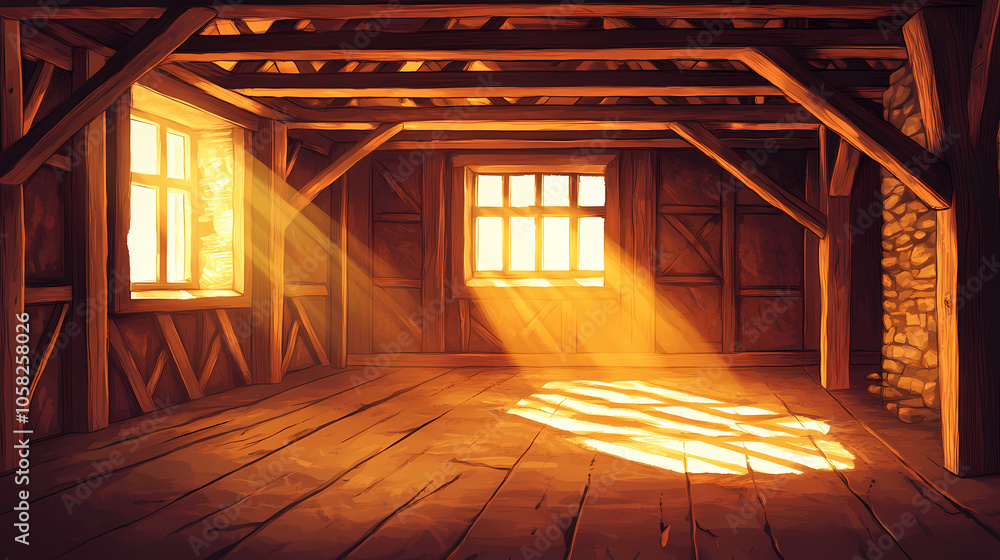 Ancient rustic interior of a timber-framed building illuminated by daylight. Ancient Relic Room. Illustration Ancient rustic interior of a timber-framed building illuminated by daylight. Ancient Relic Room. Illustration