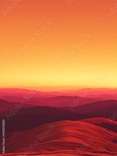 A stunning sunset over rolling hills, featuring vibrant shades of orange and purple, creating a tranquil and serene atmosphere in a breathtaking landscape.